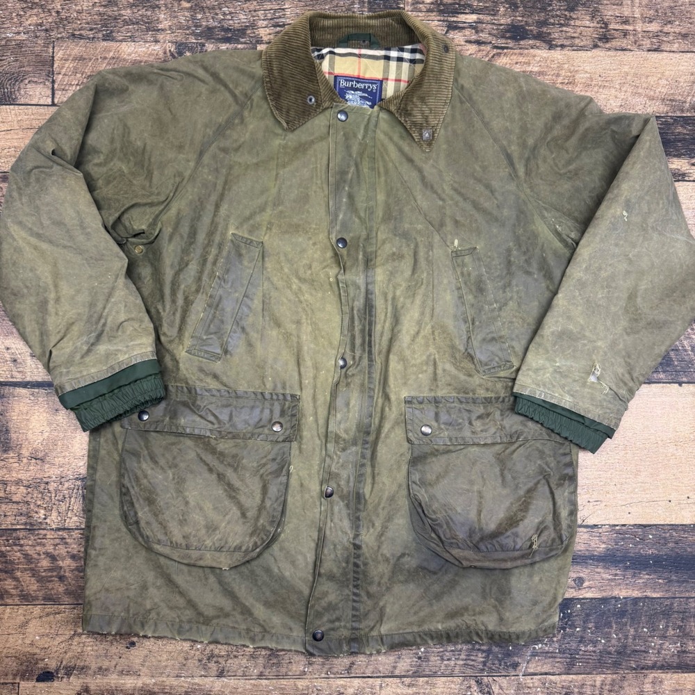 Burberrys London Mens Waxed Cotton Jacket Nova Check Lined Olive Green XL